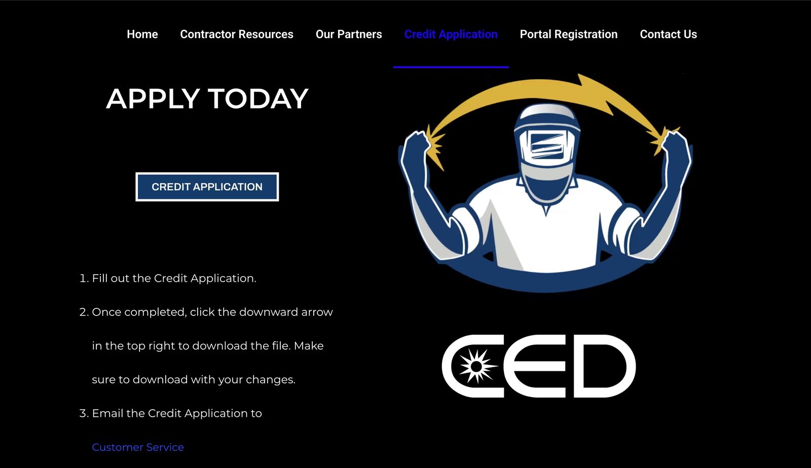 CED Riverside Credit Application page headed Apply Today, with the credit application download and three steps to complete and return it.